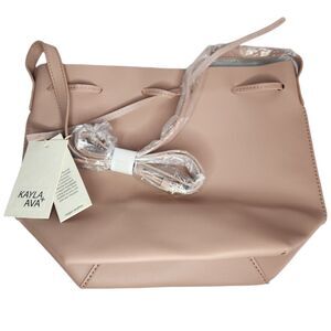 Drawstring Bucket Bag Purse Kayla + Ava Vegan Leather Bow Dusty Pink 13x10